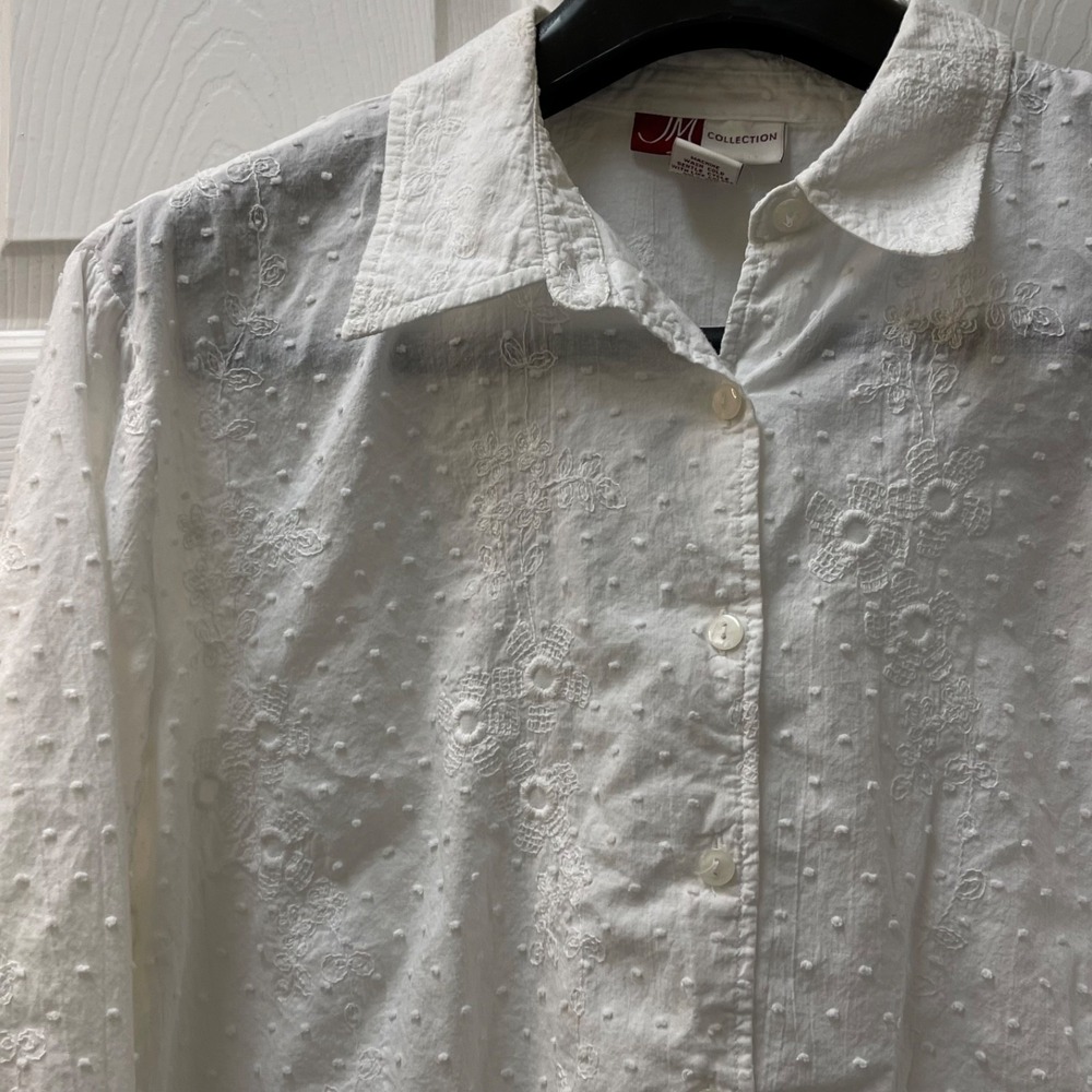 VTG JM Collection Women's 16 White Button-Front 3/4 Sleeve Sheer Eyelet Shirt‎
